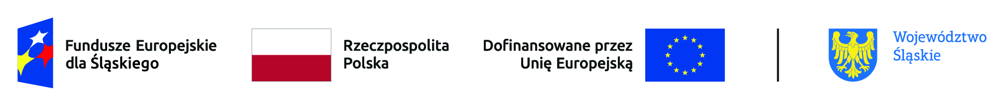 Pełny zestaw logotypów dla projektów realizowanych w programie Fundusze Europejskie dla Śląskiego 2021-2027.