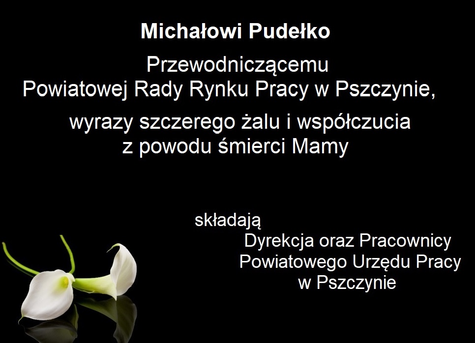 Michałowi Pudełko, Przewodniczącemu Powiatowej Rady Rynku Pracy w Pszczynie, wyrazy szczerego żalu i współczucia z powodu śmierci Mamy składa Dyrekcja oraz pracownicy Powiatowego Urzędu Pracy w Pszczynie